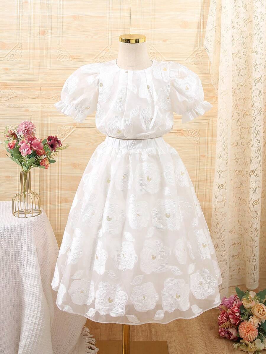 SHEIN Bộ 2 món Cô Gái Trẻ Tuyệt Đẹp Họa Tiết Hoa Áo Tay Phồng Và Váy Lưới Eo Co Giãn - trắng - Xem 1