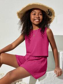 SHEIN Conjunto de top y shorts sin mangas tejidos de color sólido para niña adolescente para uso diario en primavera y verano