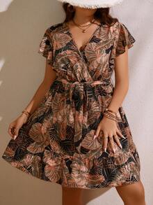 SHEIN Holidaya Kích thước lớn NỮ Mùa hè Kỳ nghỉ Phong cách Hoa In Chồng chéo Cổ chữ V Ruffled Ngắn tay Đầm - màu đen - Xem 5