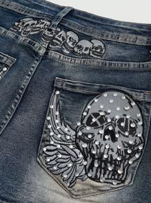 ROMWE Fairycore 女士时尚水钻装饰休闲牛仔短裤，适合学校穿着 - 藍色 - 查看 2