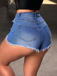 SHEIN SXY 女士流蘇破邊時尚日常搭配牛仔短褲 - 中等水洗藍 - 查看 3