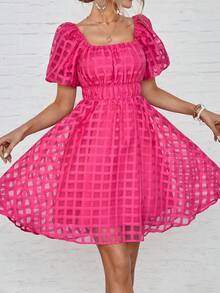 Summer Pink Plaid Mesh Puff Sleeve Dress - Hot Pink - View 5