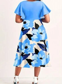 Vestido informal corto de mujer talla grande con escote en V, estampado floral y volante en el bajo, adecuado para cumpleaños, fiesta de jardín, vacaciones, cómodo y elegante