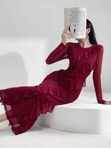 Modelyn 勃艮第红女士时尚纯色荷叶边下摆长袖连衣裙 - 酒紅色 - 查看 5