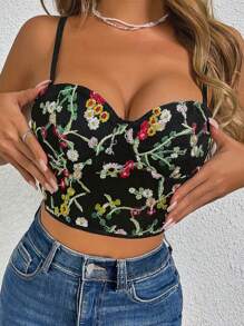 Zolique Áo crop top thêu hoa có dây đeo vai cho nữ, mùa hè - Nhiều màu - Xem 5