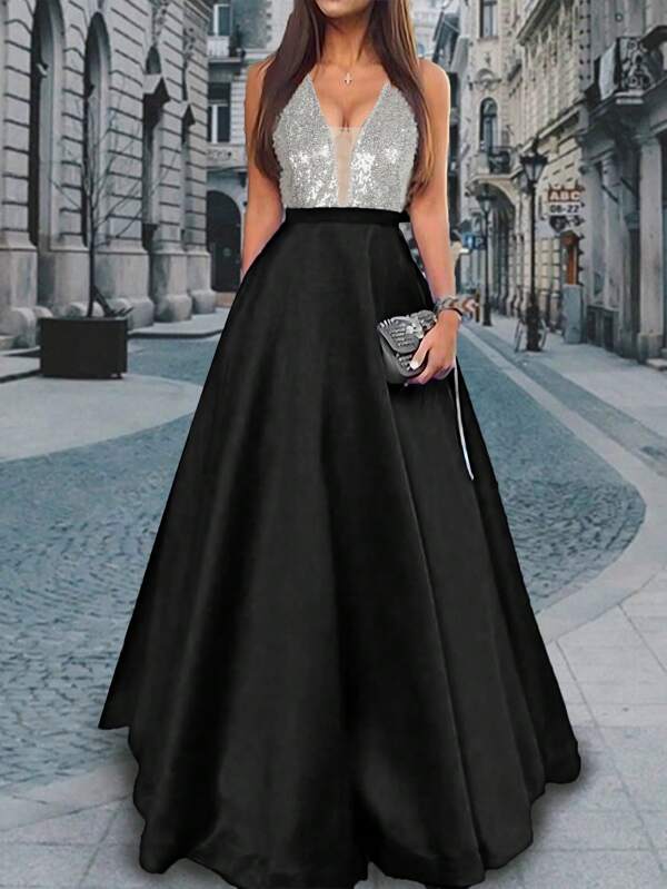 Sequin Mesh Splice Satin Sleeveless Elegant Long Evening Party Dress Black Formal Prom Wedding Guest Gown, For Graduation, Dinner