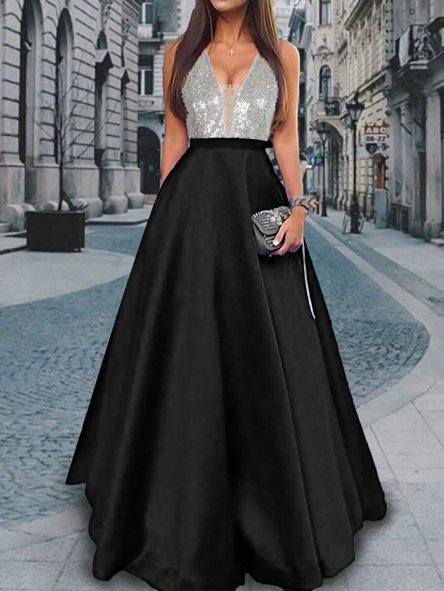 Party Dresses For Women, Bead Mesh Patchwork Satin Sleeveless Long Elegant Evening Dress