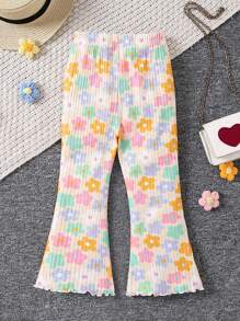 SHEIN Young Girl Cartoon Flower Print Flare Pants Girls Flare Pants Settoddler Flare Pantsflare Pants For Girlskids Flare Pantsflare Pants For Young Girl Summer Holiday - Multicolor - View 2