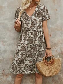 EMERY ROSE Women's Summer All-Over Print V-Neck Short-Sleeve Dress - Khaki - View 6