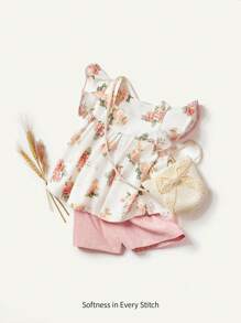 Cozy Pixies 夏季嬰兒女孩花卉圖案方領荷葉邊上衣、純色短褲和頭箍三件套