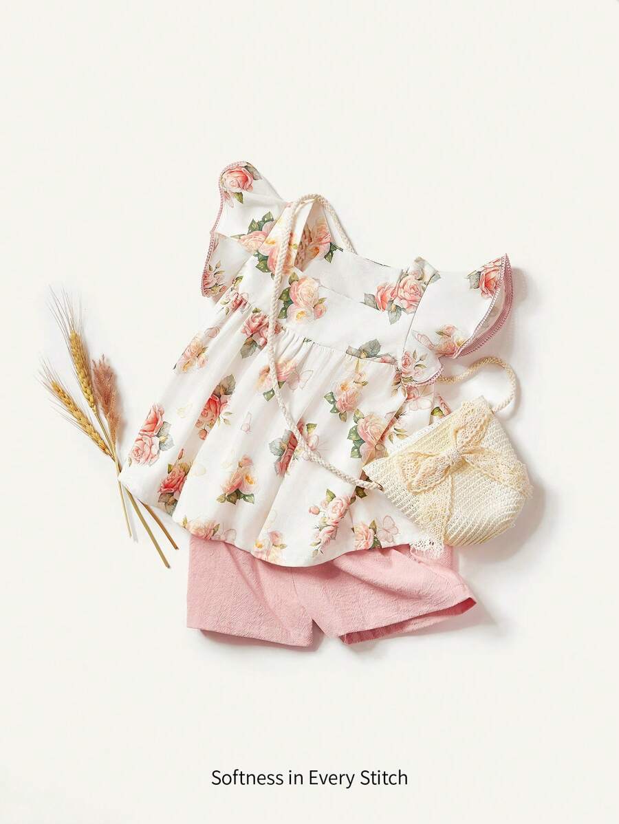 Cozy Pixies 夏季嬰兒女孩花卉圖案方領荷葉邊上衣、純色短褲和頭箍三件套