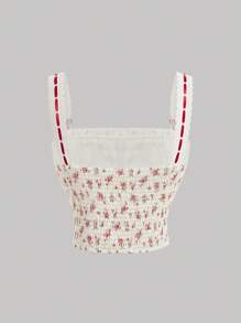 SHEIN MOD 夏季蕾絲拼接小碎花印花百褶細肩帶上衣 - 彩色 - 查看 2