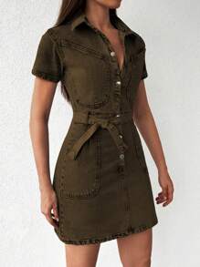 EURMUSE Belted Denim Dress - Khaki - View 3