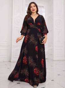 SUPGIR [Stampa floreale casuale] Abito da ballo in chiffon di alta qualità elegante ed elegante con maniche lanterna a pieghe con scollo a V e stampa floreale casuale stampata in 3D digitale