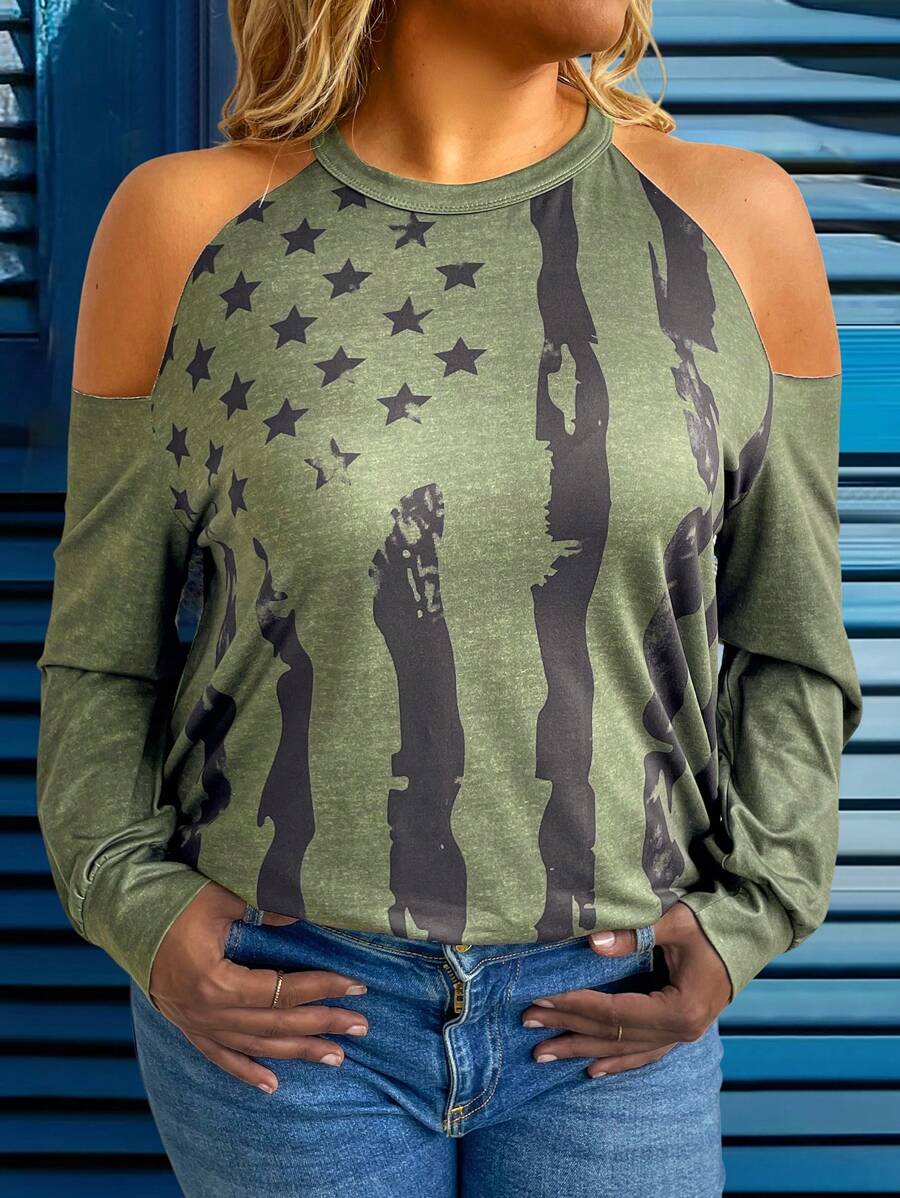 SHEIN LUNE Plus Size American Flag Printed Cold-Shoulder Halter Casual Sweatshirt Pullover Fall - Army Green - View 1