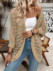 Breezaya Casual Spring Hollow Out Knit Loose Cardigan With Front Open Buttons - Khaki - View 5