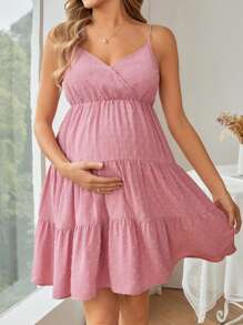SHEIN Maternity Summer Casual Swiss Dot Spaghetti Strap Loose Fit Dress For City - Pink - View 1