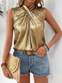 SHEIN VCAY Của phụ nữ Không tay Áo sơ mi Với Kim loại Chất vải - Vàng - Xem 1