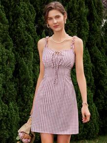 Aveloria Vintage Vacation Elegant Color Block Plaid Ruffle Hem Square Neck Tie Waist Bowknot Mini Dress
