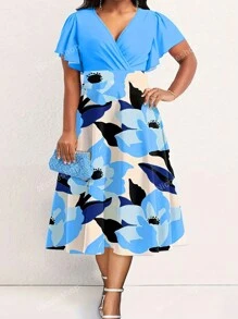 Vestido informal corto de mujer talla grande con escote en V, estampado floral y volante en el bajo, adecuado para cumpleaños, fiesta de jardín, vacaciones, cómodo y elegante