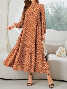 Al Najma 女士春季休闲度假灯笼袖宽松连衣裙，花卉印花，荷叶边下摆和小花印花，端庄 - 棕色 - 查看 5