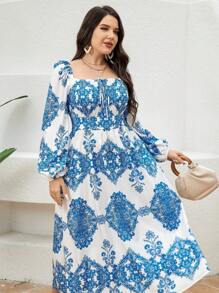 Mulvari 大尺碼女性花卉印花襯衫,懸垂袖散袖洋裝 - 藍白色 - 查看 3