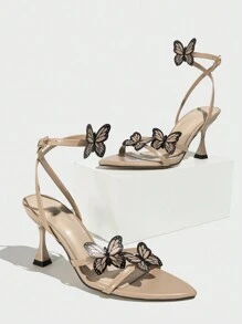 Sandalias de tacón alto con decoración de mariposa y punta puntiaguda para mujer, elegantes y de tacón fino con tiras sexy color nude, cómodas y de moda para uso en exteriores, de alta gama