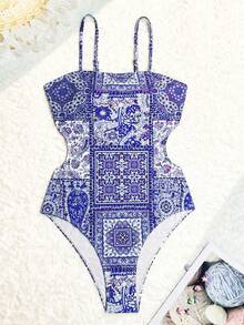 Swim Vcay Đồ bơi một mảnh có họa tiết in ở eo, thiết kế, không dây, thích hợp cho kỳ nghỉ ở bãi biển - Nhiều màu - Xem 3