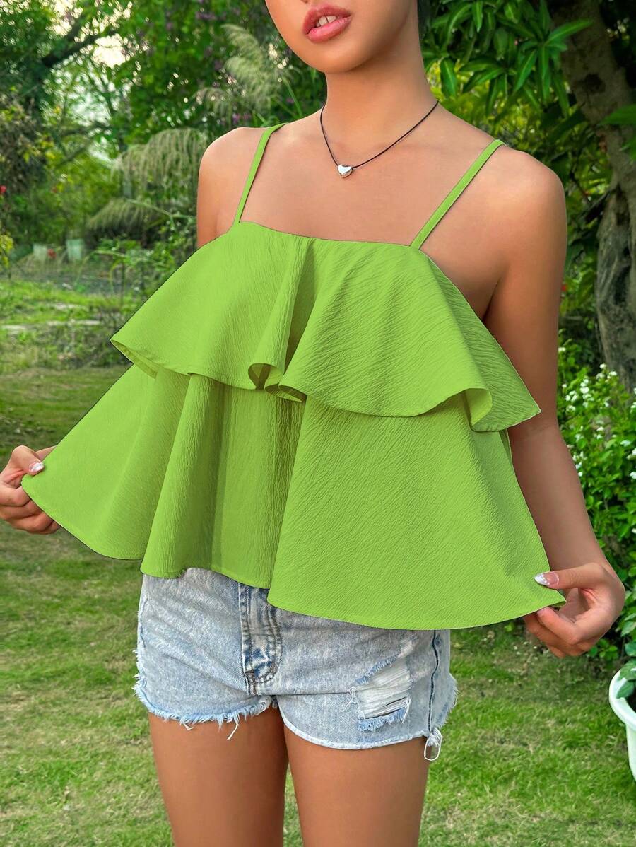 SHEIN Unity 夏季假期用的純色荷葉邊背心上衣 - 綠色 - 查看 1