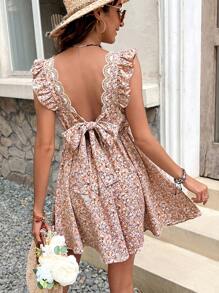 SHEIN Frenchy Women Summer Vacation Mini Floral Strappy Backless Ruffle Hem Dress Pink Flower Beach - Pink - View 2