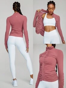 GLOWMODE FeatherFit™ Ruched Design Jacket Pleated Sleeve Thumbhole Light Support Low Impact Yoga Daily - Dusty Pink - View 7