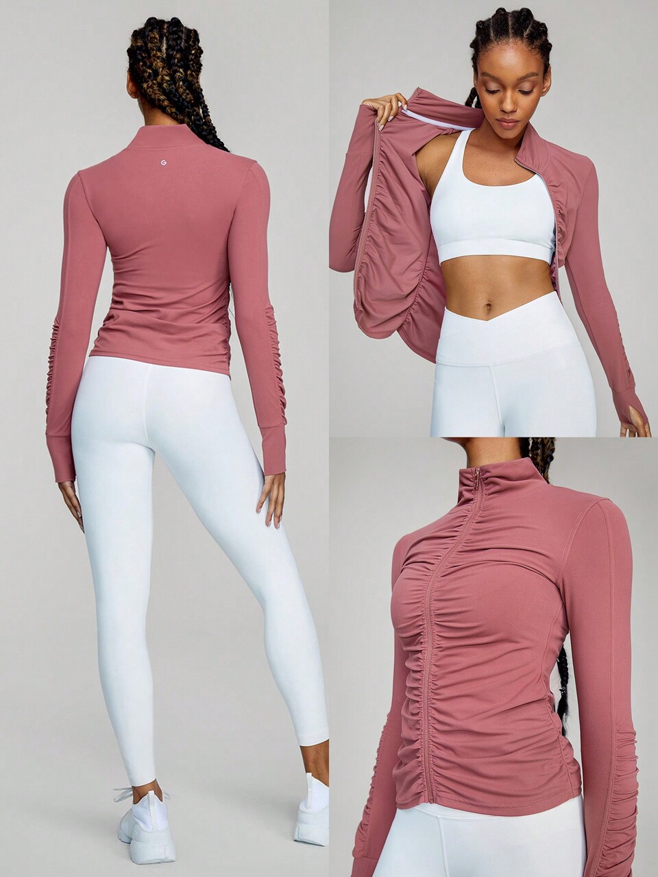 FeatherFit™ Ruched Design Jacket Pleated Sleeve Thumbhole Light Support Low Impact Yoga Pilates Daily