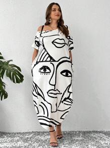 SHEIN LUNE Đầm dài in họa tiết trừu tượng vai chéo cỡ lớn - trắng - Xem 6