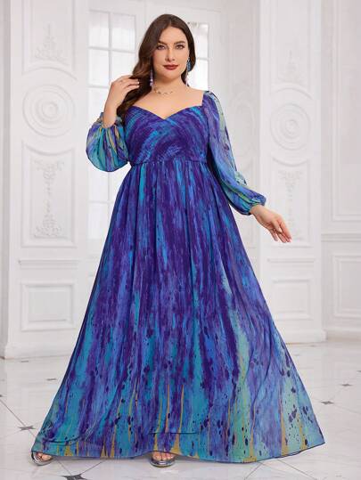 Random Cut-Out Floral Code Watercolor V-Neck Pressed Pleats Lantern Sleeve Digital Watercolor Print Elegant And Luxurious Chiffon Swing Evening Dress Long