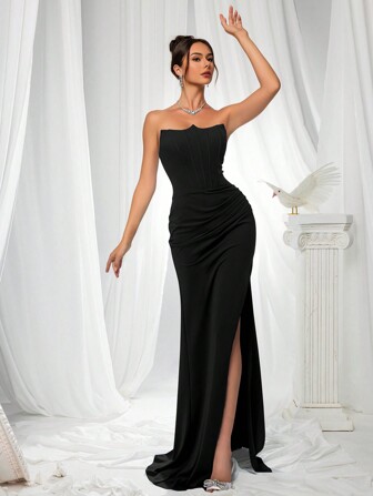 VIPGIRL Latest Ruched Bandeau Backless Tie-Up Slit Maxi Elegant Luxury Evening Gown