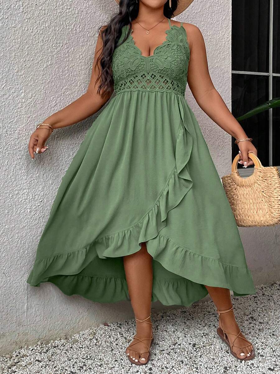 SHEIN VCAY Plus Size Vacation Leisure Stitched Ruffle Trim Spaghetti Strap Summer Boho Dress - Army Green - View 1