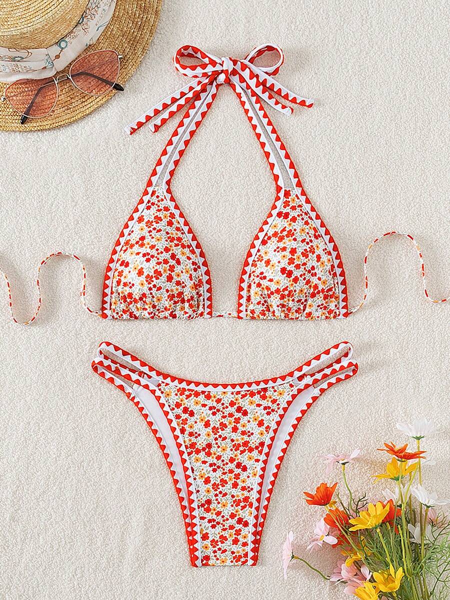 SHEIN Swim 女性時尚隨機印花比基尼泳衣套裝 - 彩色 - 查看 1