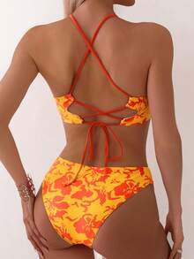 SHEIN Swim 女性時尚夏季沙灘假日風格比基尼套裝，隨機印花 - 彩色 - 查看 2