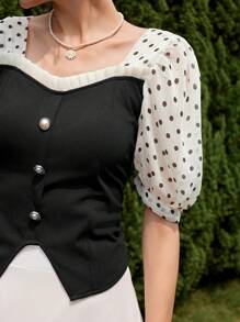 GENKIRA Polka Dot Chiffon Patchwork Cinched Waist Faux Pearl Button Puff Sleeve Short Sleeve Blouse - Multicolor - View 6