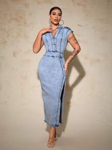 SHEIN SXY Women Buttoned Half Placket Collared Side Slit Hem Long Denim Dress - Light Wash - View 4