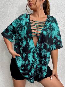 Flirla 大码扎染印花镂空深 V 领宽松 T 恤夏季图案 T 恤女式上衣 - 彩色 - 查看 1