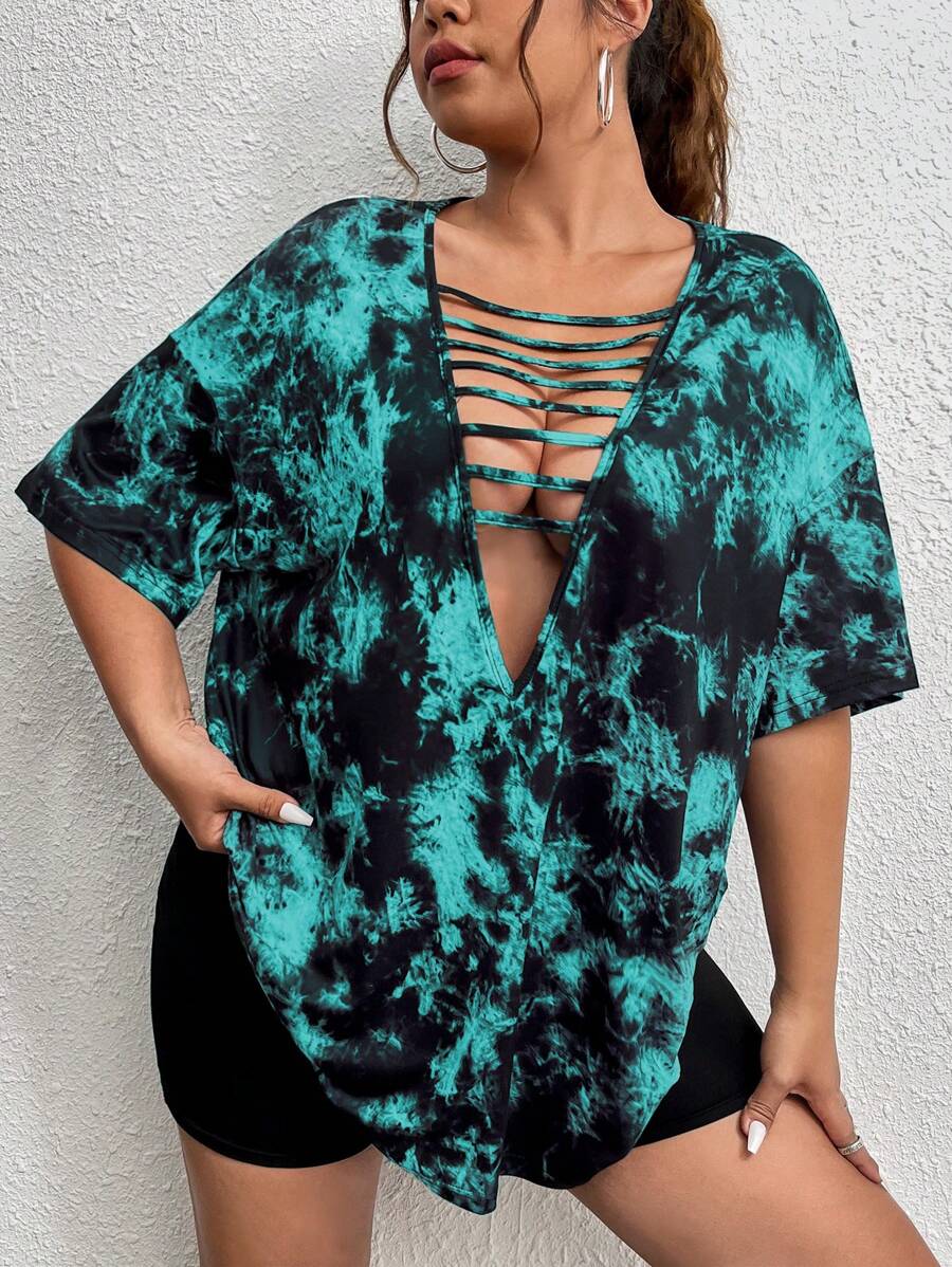 Flirla 大码扎染印花镂空深 V 领宽松 T 恤夏季图案 T 恤女式上衣 - 彩色 - 查看 1