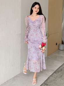 DAZY Vestido con estampado total, mangas farol, cremallera y volantes con estampado floral para mujer - Morado - Ver 6