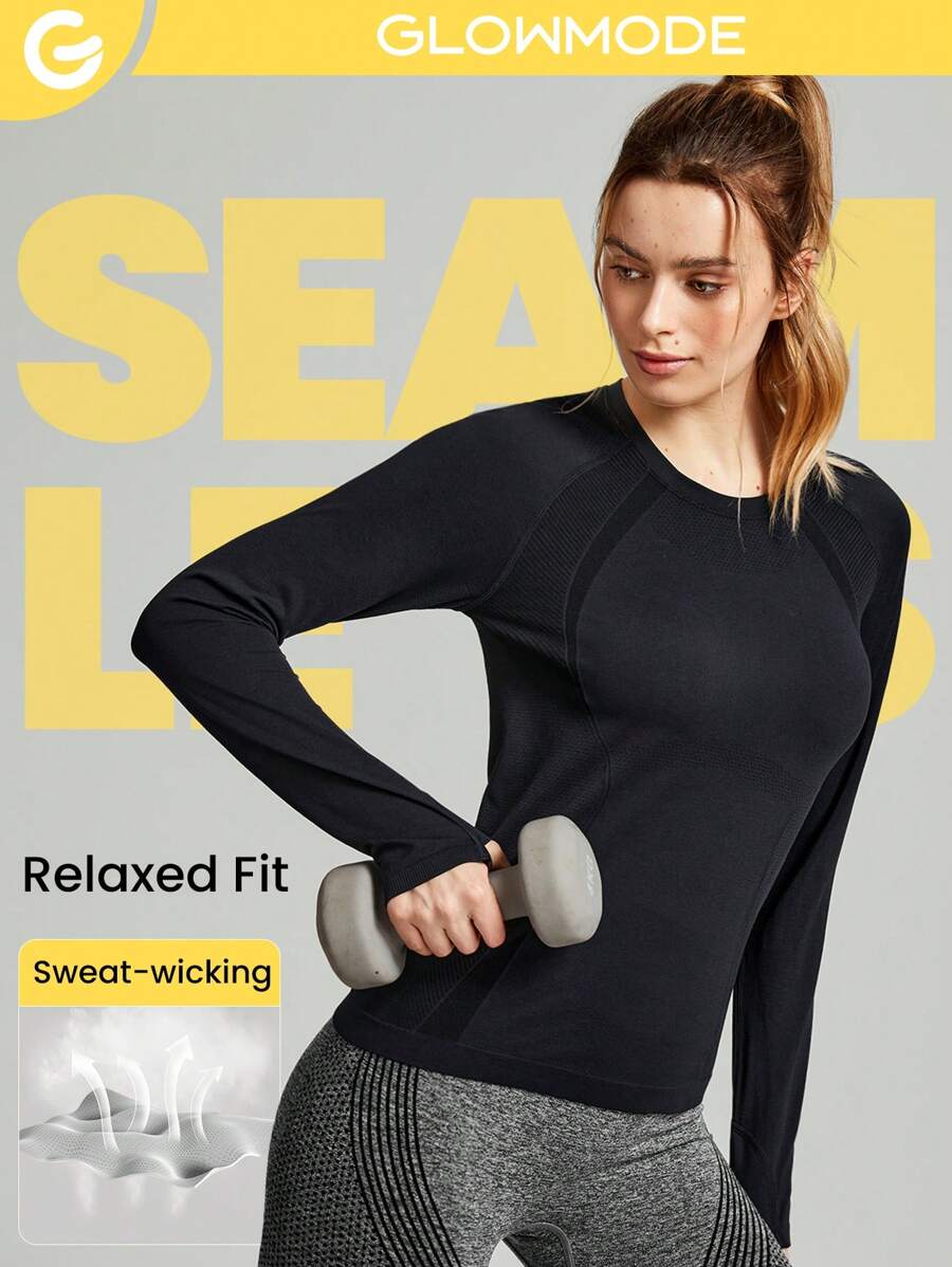 GLOWMODE Seamless Coolmax® Jacquard Relaxed Fit Long Sleeve Tee Workout Daily Summer - Black - View 1