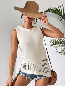 SHEIN VCAY Ladies" Solid Color Hollow Out Knitted Sleeveless Top For Summer - Apricot - View 4
