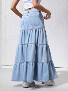 SHEIN EZwear 女士夏季牛仔裙配褶邊設計 - 藍色 - 查看 3