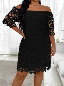 SHEIN Clasi Plus Size Summer Simple Lace Soluble Off Shoulder Dress - Black - View 5