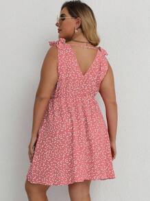 SHEIN Holidaya 大尺碼女士夏季重疊V領心形印花肩結無袖連衣裙 - 粉色 - 查看 2