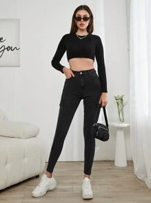 Cottnline 女工裝風格、口袋細節修身牛仔褲 - 深灰色 - 查看 3