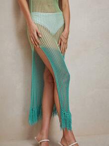 Anewsta Gradient Color Hollow Out Knitted Sheer Beach Summer Vacation Women Sling Cover Up Dress - Green - View 4